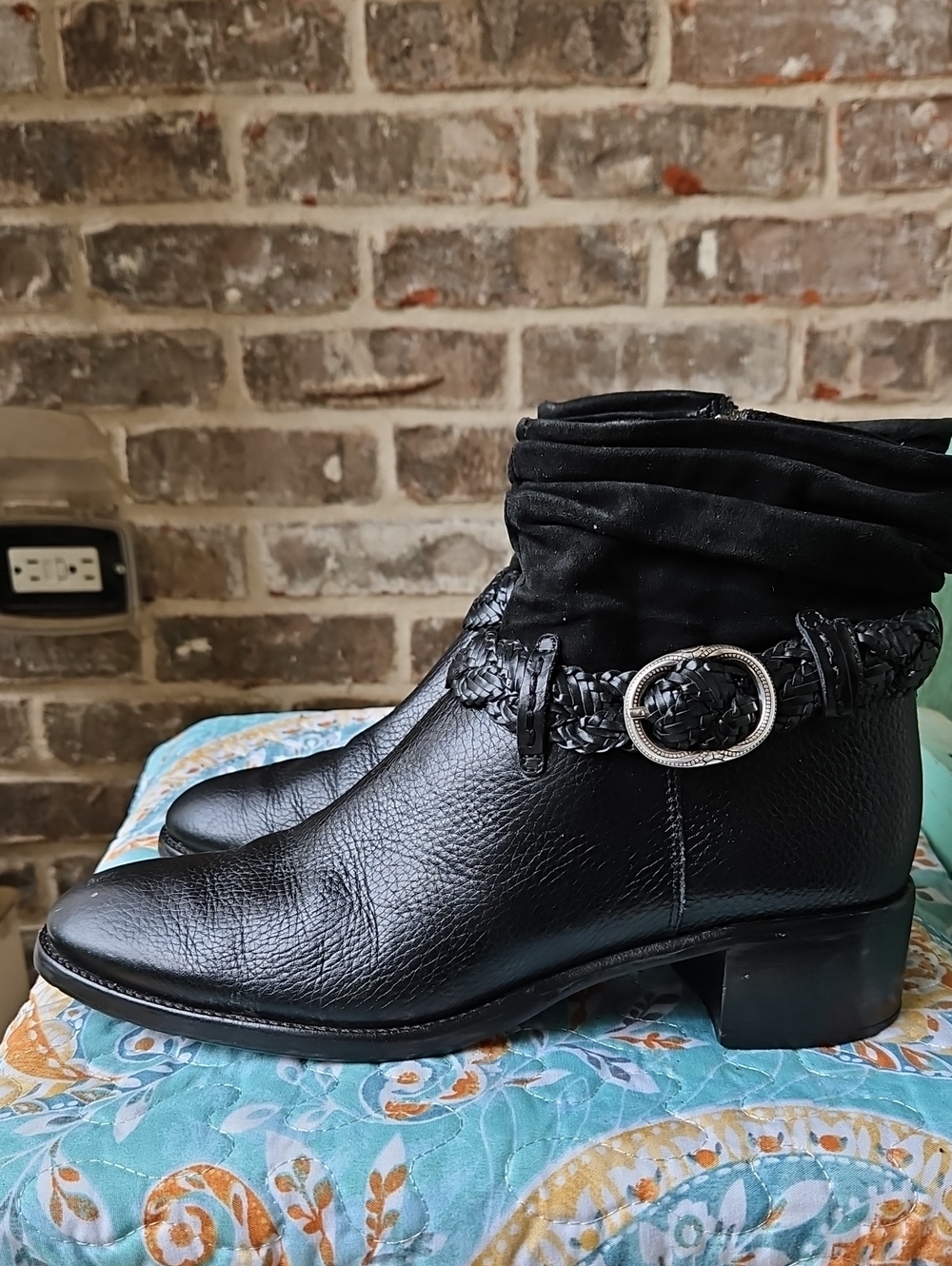 Brighton Jonah Women's Black Leather And Suede Ankle Boots with Buckle Detail